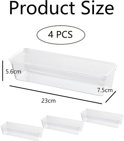 4PCS Clear Plastic Drawer Organizers - Stackable Modular Bins for Kitchen Utensils, Makeup & Office Supplies - Thin Profile Design Fits Dresser/Bathroom Cabinets - Non-Slip Base