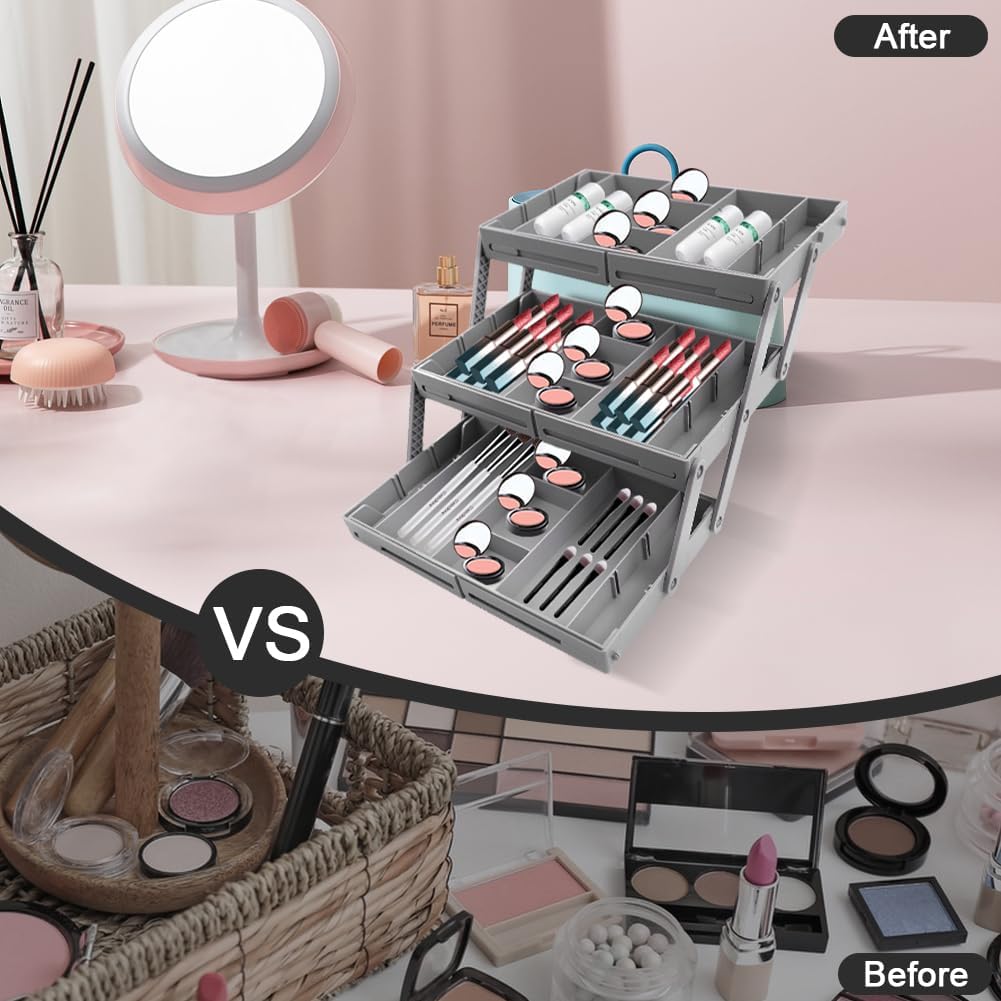 3 Tier Drawer Organizer Collapsible, Multi Level Drawer Organizer, Junk Drawer Organizer for Office, Makeup, Jewelry, Vanity, Kitchen(1 Row 3 Tier)