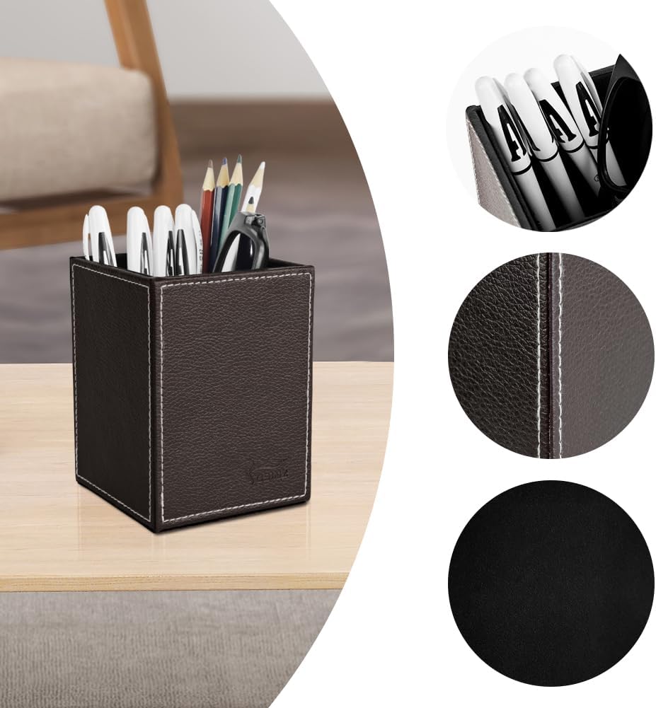 Leather Pen Holder, Brown Pencil Holder, Desktop Elegant Pen Holder for Desk, Stationery Organizer for School Office Home Dorm (3.3" x 3.3" x 4", Brown)