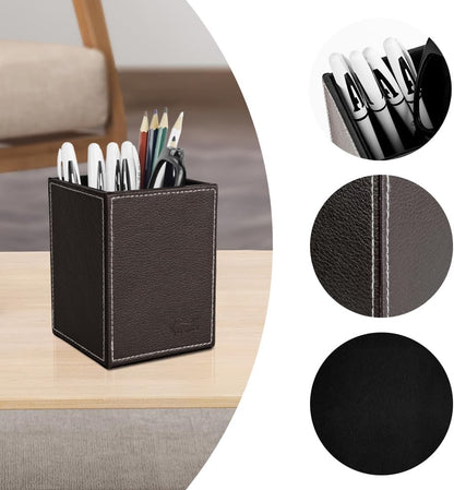 Leather Pen Holder, Brown Pencil Holder, Desktop Elegant Pen Holder for Desk, Stationery Organizer for School Office Home Dorm (3.3" x 3.3" x 4", Brown)