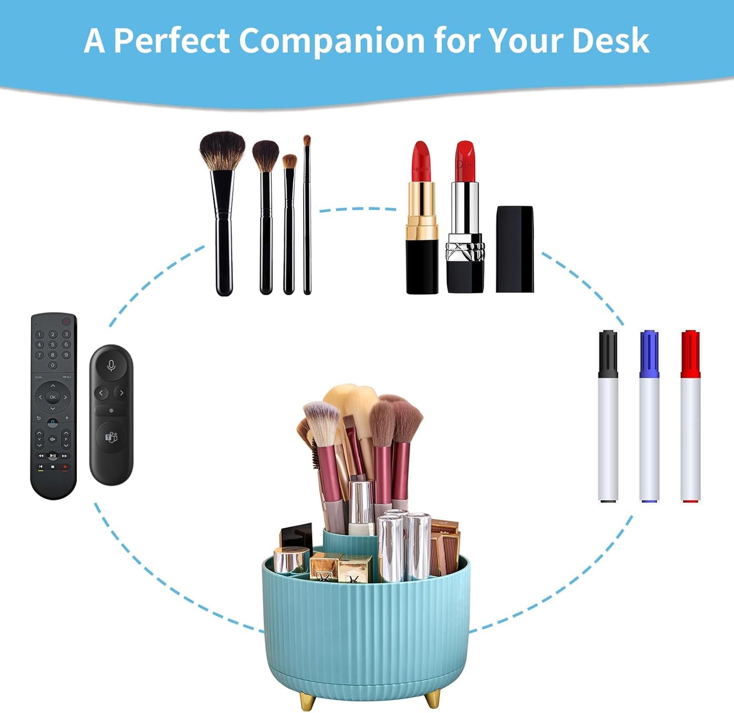 Marbrasse Desk Organizer, 360-Degree Rotating Pen Holder, Desk Organizers and Accessories with 5 Compartments Pencil Holder, Art Supply Storage Box Caddy for Office, Home（White）