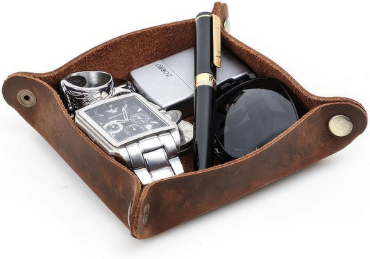 Top Grain Vintage Handmade Genuine Leather Snap Fasteners Squared Valet Tray, Desktop Organizer, Storage Box, Creative Decorative for Keys, Coins, Cell Phone, Watches, Change, Jewelry, Glasses