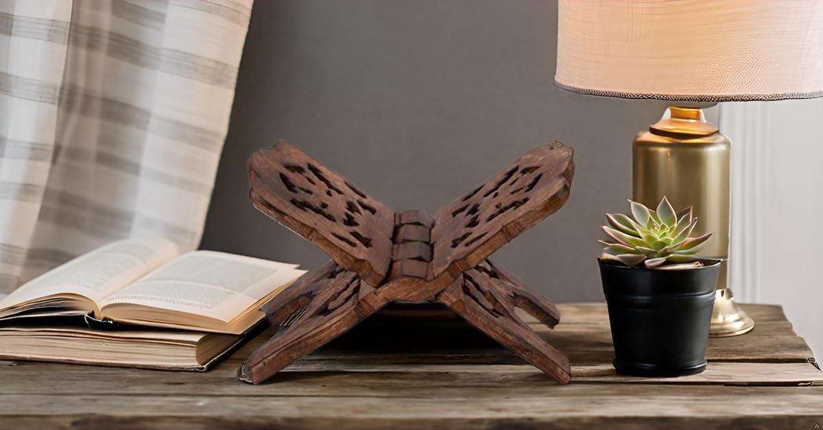 Beautiful Handmade Wooden Prayer Book Display Stand Holder Rehal for Religious Holy Books The Bible Quran Geeta Foldable Book Rest Traditional Living Room Home Decor Accents (12 (L) x 6 (W) Inches)