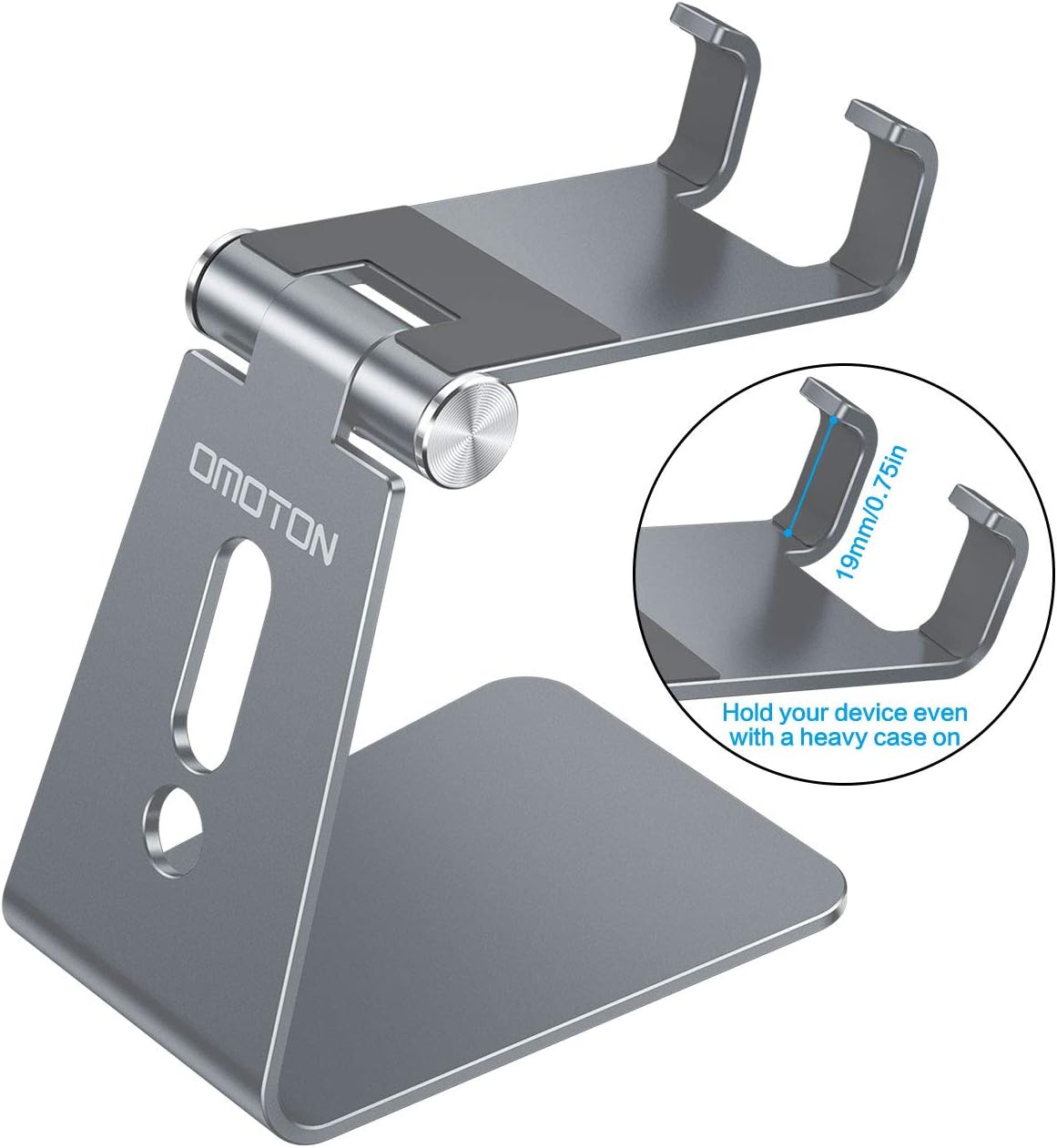 Adjustable Cell Phone Stand, OMOTON Aluminum Desktop Cellphone Stand with Anti-Slip Base and Convenient Charging Port, Fits All Smart Phones, Silver