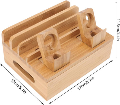 Bamboo Charging Station for Multiple Devices with 5 Port USB Charger, Electronic Device Desktop Dock Stations Organizer for iPads, Laptops, Tablets, Watch (Wooden)