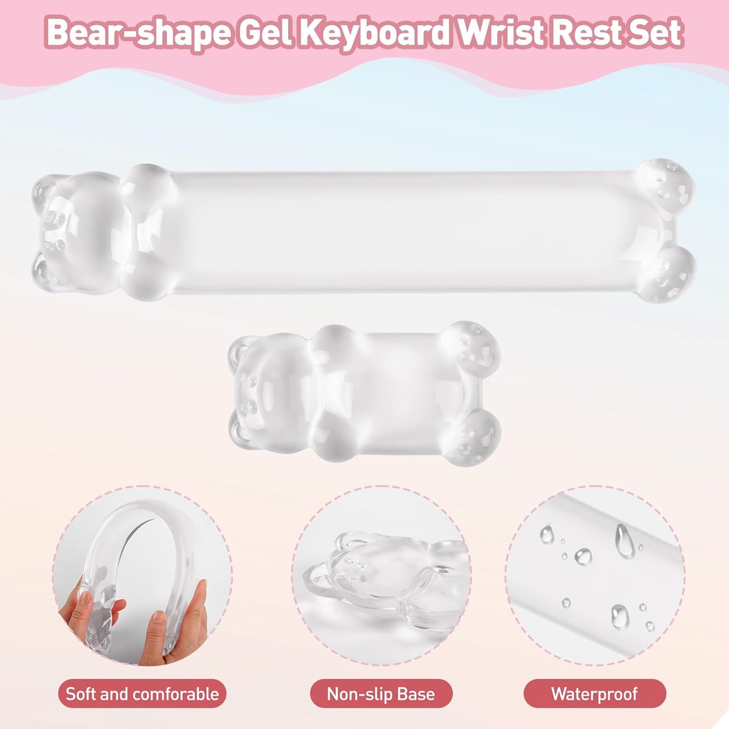 Gel Keyboard and Mouse Wrist Rest Set – Clear Wrist Rest for Computer Keyboard 60%/68%/75%, Comfort & Support for Typing and Gaming(Cute Pink Bear)