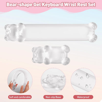 Gel Keyboard and Mouse Wrist Rest Set – Clear Wrist Rest for Computer Keyboard 60%/68%/75%, Comfort & Support for Typing and Gaming(Cute Pink Bear)