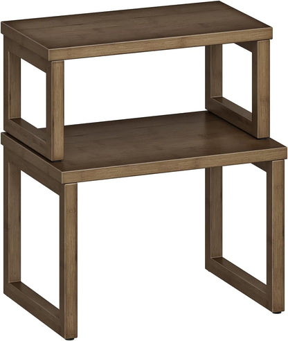 HOOBRO Cabinet Organizer Shelf, Set of 2 Kitchen Counter Shelves, Expandable Kitchen Storage, Stackable Bamboo Spice Rack, for Kitchen, Countertop, Office Desk, Living Room, Mocha MA20TL01
