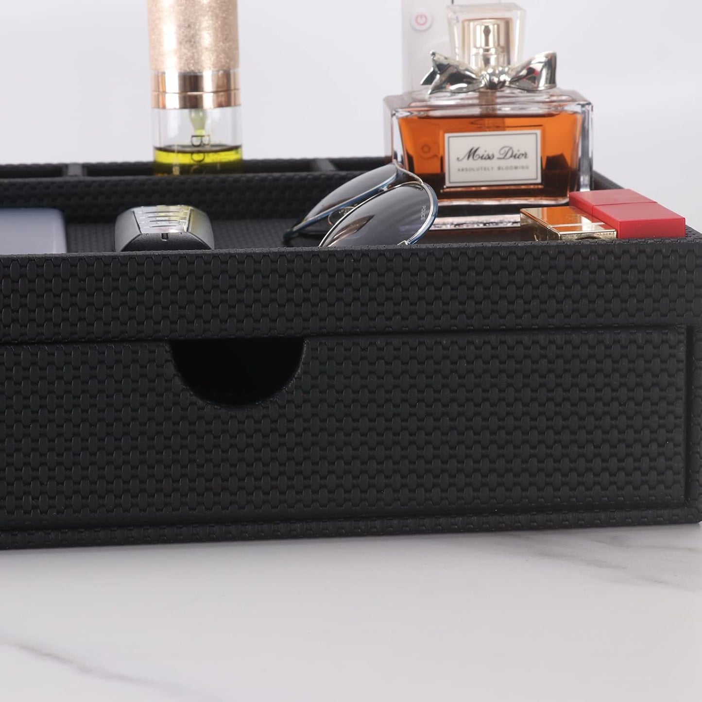 Leather Desk Organizer With Drawers, Home Cosmetics & Phone Remote Organizer, Drawer Plus Divider & Tray (white)