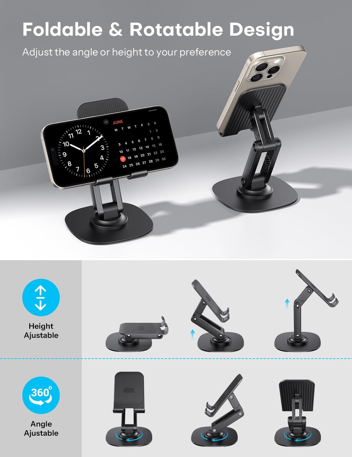 OMOTON Cell Phone Stand for Desk, 2 Pack Adjustable Foldable Phone Holder, 360 Swivel Mobile Stand Fit for iPhone 17 16 15 14 13 Pro Max and All Smart Phones, Black & White