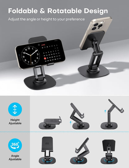OMOTON Cell Phone Stand for Desk, 2 Pack Adjustable Foldable Phone Holder, 360 Swivel Mobile Stand Fit for iPhone 17 16 15 14 13 Pro Max and All Smart Phones, Black & White