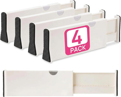 4 Adjustable Drawer Dividers, Organize Silverware and Utensils in Home Kitchen, Divider for Clothes in Bedroom Dresser, Designed to Not Snag Underwear and Bra Fabrics, Bathroom Storage Organizers