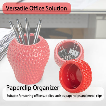 Ceramic Paper Clip Holder, Strawberry Pen Holder Set, Desktop Aesthetic Creative Storage Set of 2, Office Home Decor(Red)