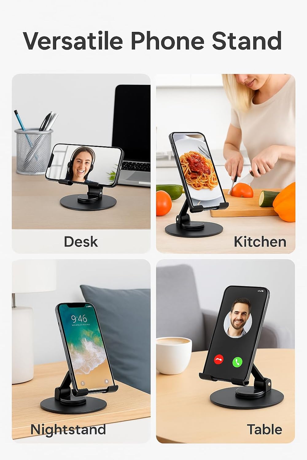Uncaged Ergonomics 360° Swivel Rotating Adjustable Phone Stand for Desk, Portable & Foldable Cell Phone Stand for Desk, Compact Mobile Stand for Tabletop, Office, Kitchen & Bedroom (Black)