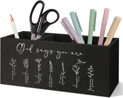 SNNDER Christian Pen Holder for Desk, Religious Christian Gifts for Women, Floral Boho Christian Bible Verses Wooden Pen Pencil Holder Organizer for Home Office Desk Accessories