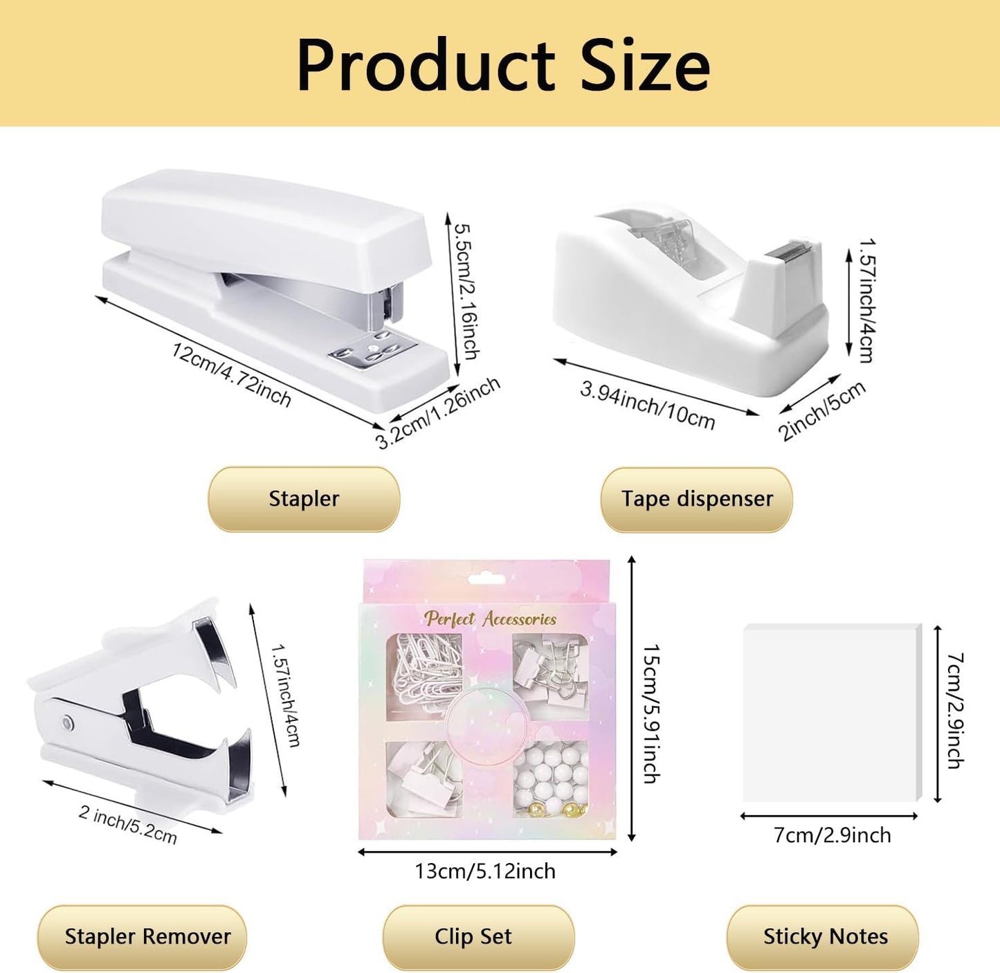suniya Office Supplies,Gold Desk Accessories,with Stapler,Tape Dispenser,Pen Holder,Scissors,Phone Stand,Staple Remover,Ballpoint Pen,Clear Tape, Staples,Ruler,Clips,Best Gift for Business or Boss