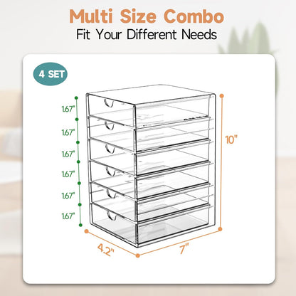 Makeup Drawer Storage Organizer with 24 Drawers, 4 Set Acrylic Office Desk Organization and Storage, Dustproof Drawer Organizer for Makeup, Office, Countertop, Jewelry, Pen, Desktop, Bathroom, Bedroom