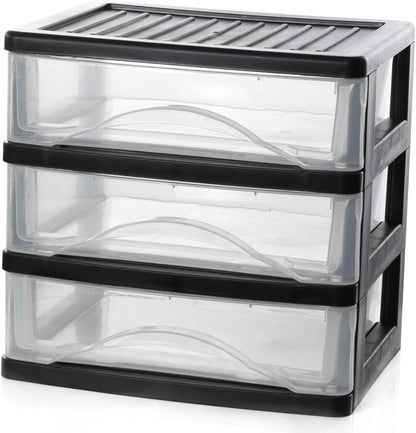 BYCY Medium 3 Drawer Plastic Clear Stacking Desktop Organizer for Office Supplies, Stackable Storage Drawers Storage Bins For Kitchen Cabinets, Pantry, Home Organization (Black, Medium 3Drawer)