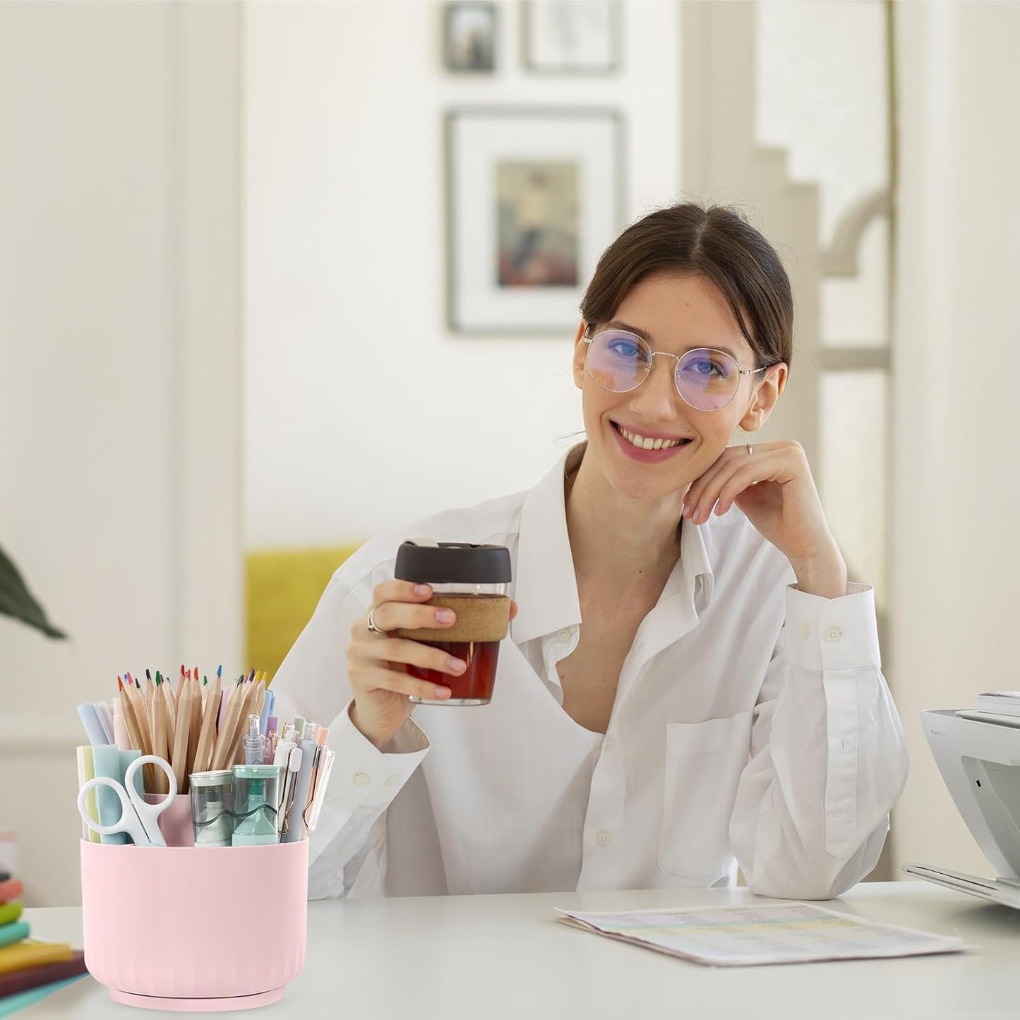 SKYDUE 360 Degree Rotating Pencil Pen Holder for Desk, Dual-Purpose Desk Organizer, Rotating Pencil Cup with 5 Slots, Office Supplies, Desk Decor for Office, School, Home