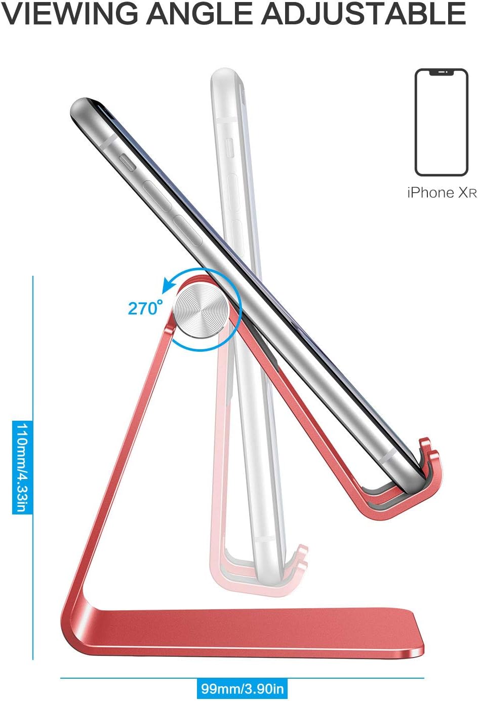 Adjustable Cell Phone Stand, OMOTON Aluminum Desktop Cellphone Stand with Anti-Slip Base and Convenient Charging Port, Fits All Smart Phones, Silver