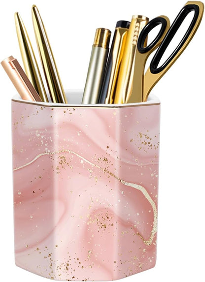 WAVEYU Ceramic Pen Holder for Desk Cute, Pencil Cup Pot Desk Organizer, Makeup Brush Holder for Women, Men, Kids, Desk Marble Decor for Office, Classroom, Home, Gray Golden