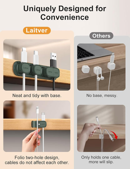 6 Pack Magnetic Cable Clips [1s Open/Lock], Laitver Cord Organizer Holder Strong Adhesive Desk Cable Management- Organize Charging Cords Neatly for Home, Office, Car,Desk, Nightstand