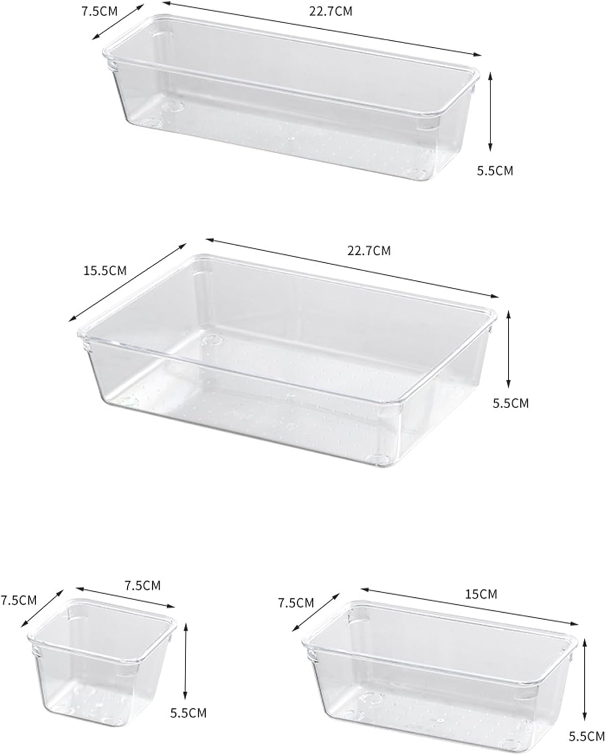 4-Pack Clear Plastic Drawer Organizers - Stackable Modular Bins for Kitchen Utensils, Makeup & Office Supplies - Thin Profile Design Fits Dresser/Bathroom Cabinets - Non-Slip Base