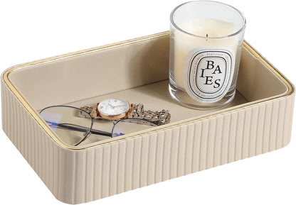 Desk Organizer Tray, PU Leather Nightstand Organizer Perfume Valet Tray for Men Women, Decorative Vanity Trays Trinket Dish Key Bowl for Entryway Table (2pcs, Ivory, Large+Small)