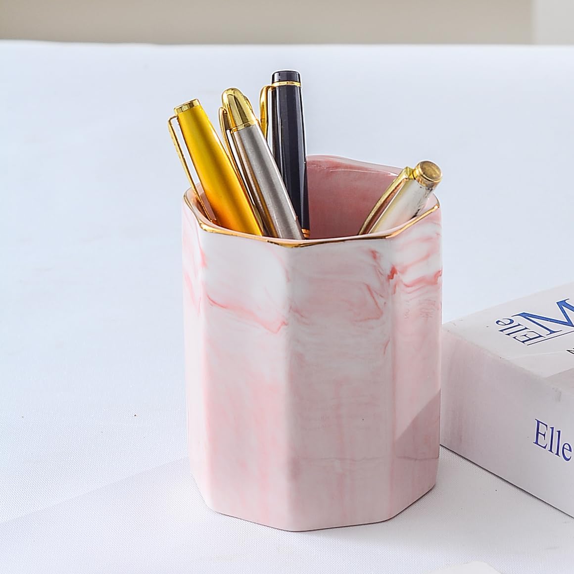 Aesthetic Desk Organizer Set of 2 For Office, Checkered Pen Holder and Paper Clip Holder Dispenser, Ceramic Cute Pencil Cup, Desktop Accessories, Office Decor, Ideal Gifts for Mom (Pink-White)