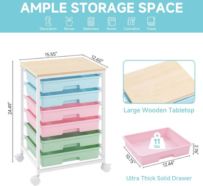 SYKIARIOL Rolling Storage Utility Cart with 6 Drawers and Wooden Tabletop for Under Desk Storage,White