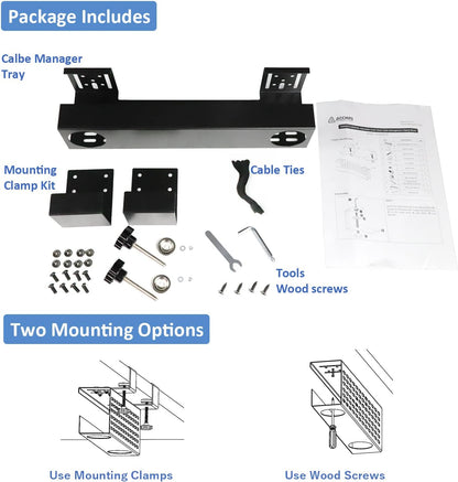 AEONS Under Desk Cable Management Tray Kit - Horizontal Adjustable up to 41” Removable C Clamp Mount Reversible Computer Cord Raceway and Modesty Panel for Large Table, Black