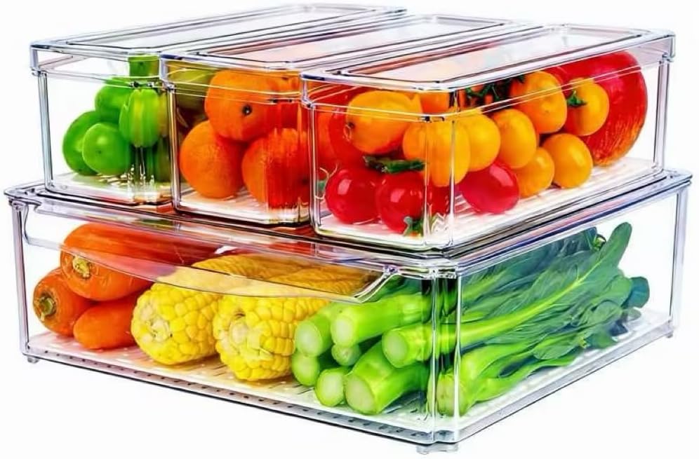 ZIJUND 4 Pack Fridge Organizer, Stackable Refrigerator Organizer Bins with Lids, BPA-Free Fridge Organizers and Storage Containers for Fruit, Vegetable, Food, Drinks, Cereals, Clear