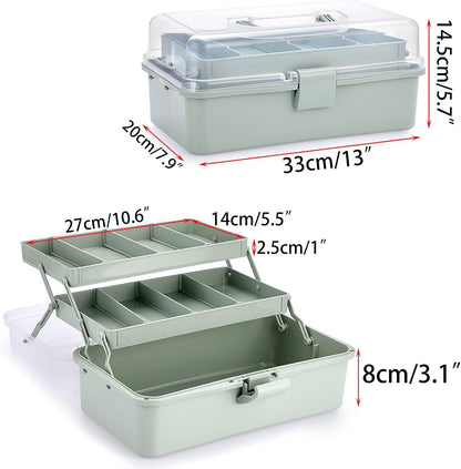 BTSKY 3-Layer Plastic Dividing Storage Box Craft Organizer and Storage with Adjustable Spacers Portable Handled Art Supply Organizer Multipurpose Home Utility Box for Medicine Sewing(Haze Green)
