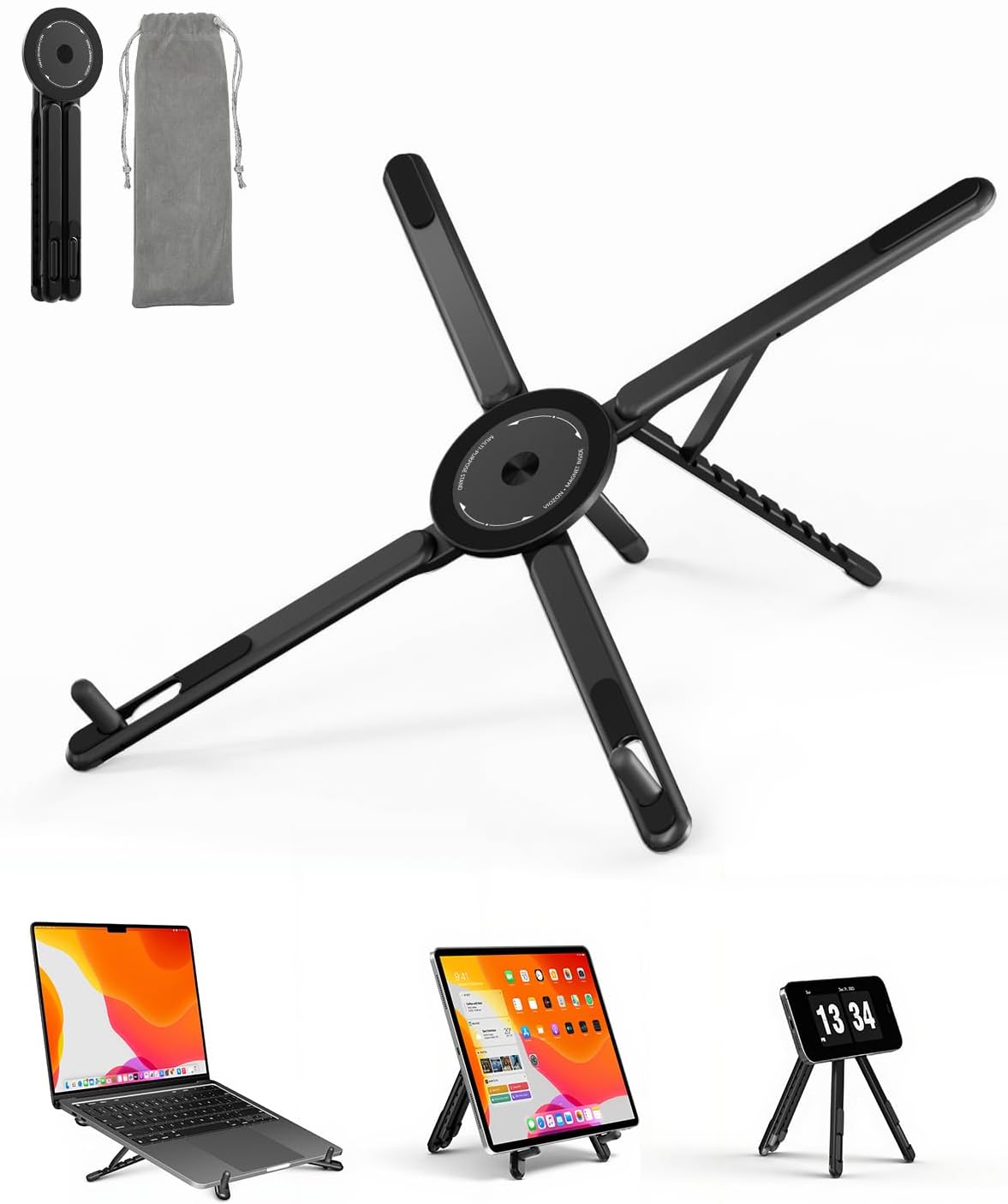 Viozon Portable Laptop Stand for Desk, Foldable Adjustable Computer Riser with Magnetic Phone Holder, Aluminum Laptop Stand for 10–16” Laptops & 4–13” Phones/Tablets (Silver)