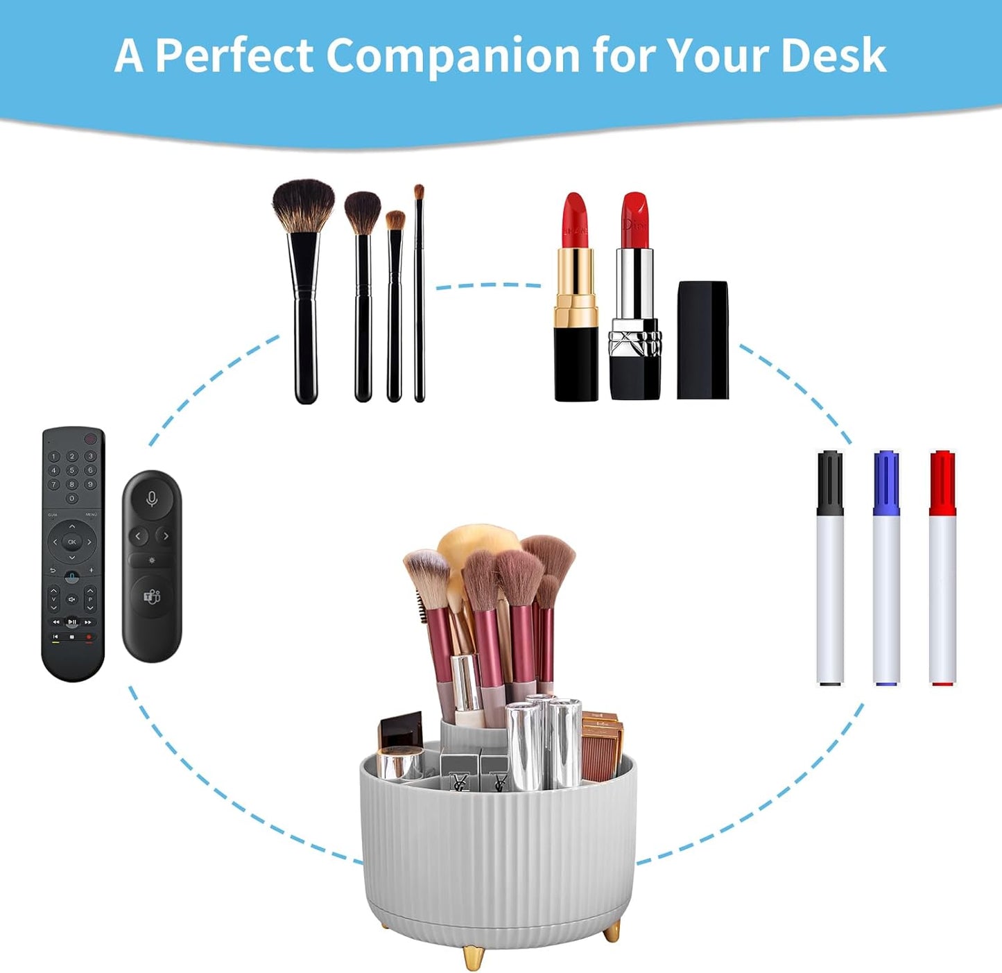 Marbrasse Desk Organizer, 360-Degree Rotating Pen Holder, Desk Organizers and Accessories with 5 Compartments Pencil Holder, Art Supply Storage Box Caddy for Office, Home（White）