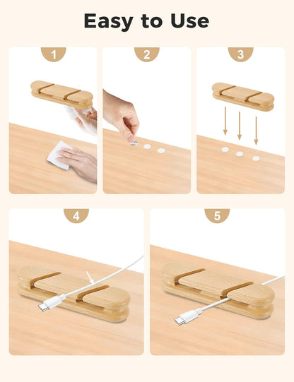 Solid Walnut Cable Holder & Cord Organizer, Adhesive Cable Clips for Desk, Under Desk, Wall, Bedside & Car, Wood Cable Management for Home Office, Phone Charging & USB Cables