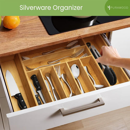 Purawood Kitchen Drawer Organizer - Expandable Utensil Drawer Organizer for Kitchen, Cutlery Tray & Silverware Organizer, 3-5 Slots - Bamboo Organizer for Utensils & Flatware (Natural)
