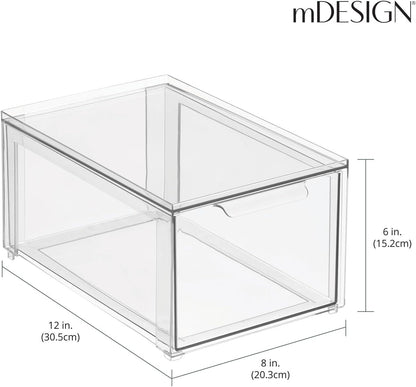mDesign Plastic Stackable Closet Storage Organizer Bin Containers with Front Pull Drawer for Cabinet, Desk, Shelf, Cupboard, or Dresser Organization - Lumiere Collection - Clear