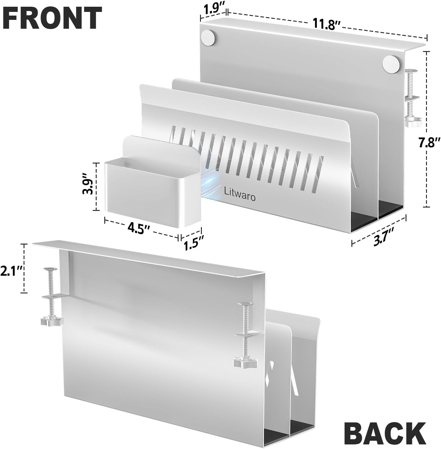 Litwaro Desk Side Storage Organizer, 2 Tier Under Desk Laptop Holder No Drill, Laptop Mount with Magnetic Pen Holder, Hanging Desk Organizer Fits Flat Edge Desks 0.4" to 2.1" (White)