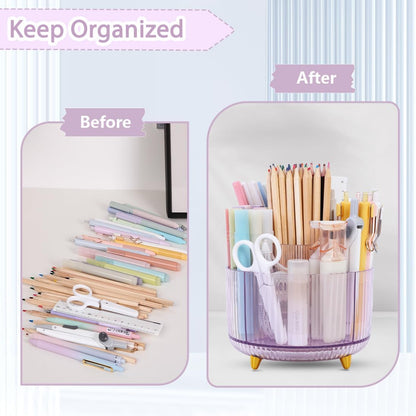 SKYDUE Rotating Pencil Pen Holder, Pen Organizer with 5 Slots - Aesthetic Desk Organizer and Accessories for School, Home, Office Supplies