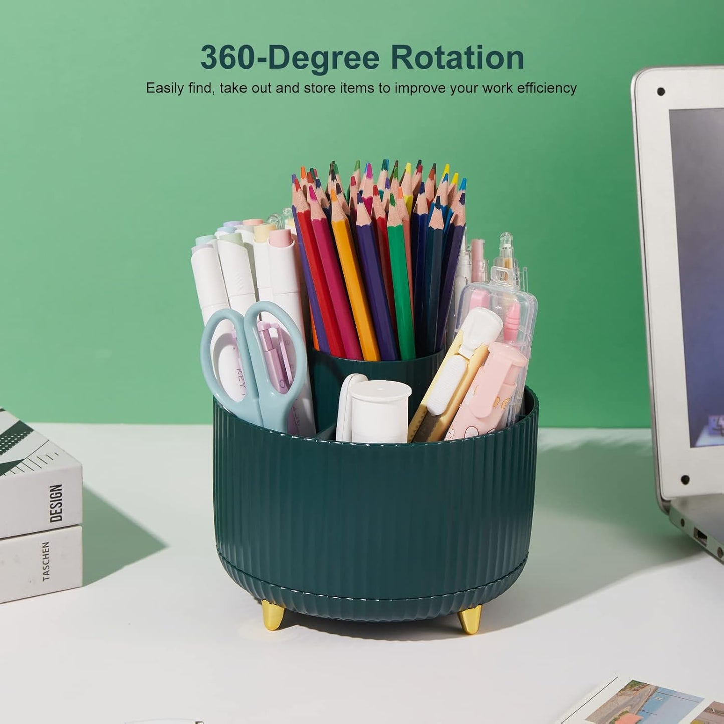 Desk Pencil Pen Holder, 5 Slots 360 Degree Rotating Pencil Pen Organizers for Desk Desktop Storage Stationery Supplies Organizer Cute Pen Cup for Office School Home Art Supply Cream Yellow