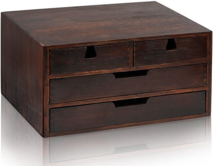 DEAYOU Bamboo Desk Organizer, 100% Natural Bamboo Desktop Drawer Organizer, Dark Brown Tabletop Storage Cabinet Organization Box with 4 Drawer for Makeup, Letter, Home, 3 Layer, Fully Assemble