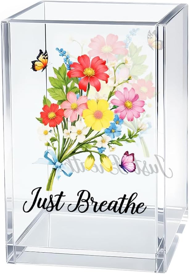 Just Breathe Acrylic Cosmetic Organizer Pen Holder, Anxiety Relaxing Acrylic Desk Holder Cup for Pen Pencil, Dandelion Desk Organizer, Mental Health Office Gifts for Coworker Leader Friend