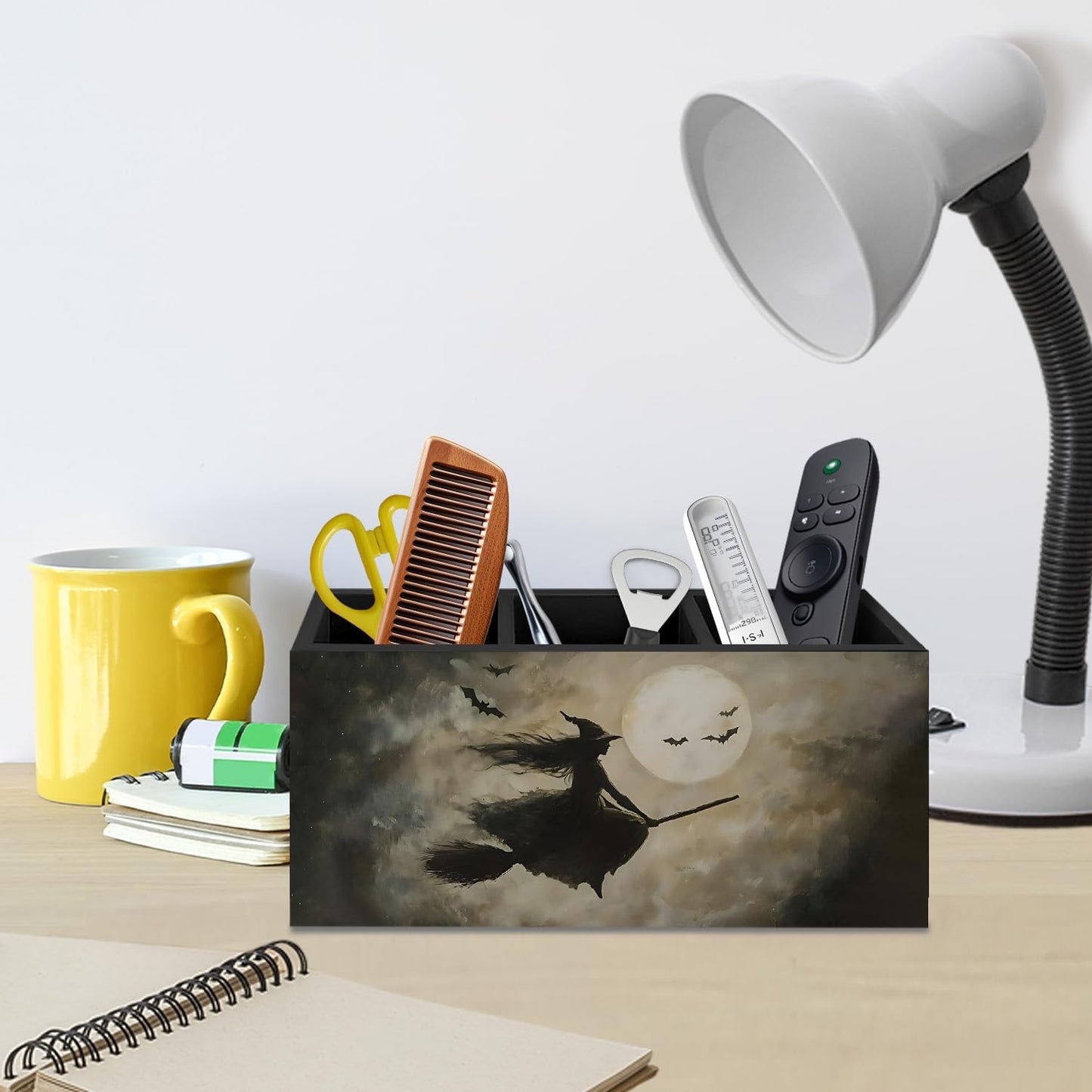 Gothic Office Decor Black Wooden Pen Pencil Holder for Desk Accessories, Dark Gothic Witchy Aesthetic Wood Makeup Brush Toothbrush Holder Organizer for Vanity Bathroom