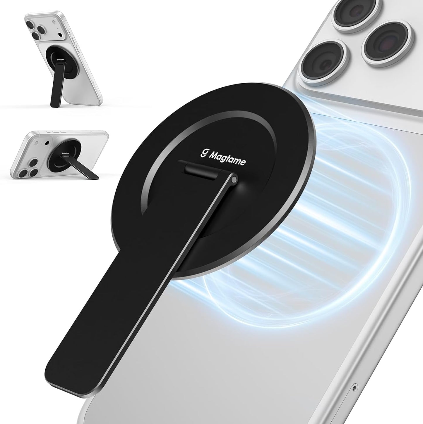 Magtame Double-Sided Magnetic Phone Stand Grip, Strong Magnetic Kickstand Desk Holder for Mag&Safe and Smartphone, Foldable Adjustable Design, Silver