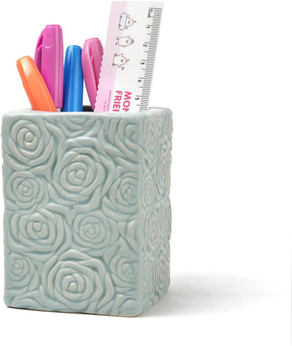 Ceramic Cactus Pen Holder, Cactus Decor Cute Pencil Holder, Makeup Brush Holder for Home, Office Desk Accessories(Dark Green)
