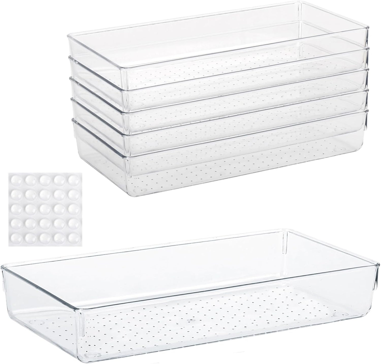 Ohlove 6 Pcs Large Clear Plastic Drawer Organizers Tray 15" x 6.3" Storage Bins with 25 Pcs Non-Slip Pads for Makeup, Jewelries, Kitchen Utensils, Bathroom and Office