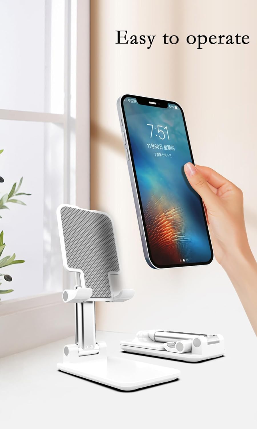 Desk Mobile Phone Holder Stand for iPhone IPad Xiaomi Adjustable Desktop Tablet Holder Universal Table Cell Phone Stand（White）
