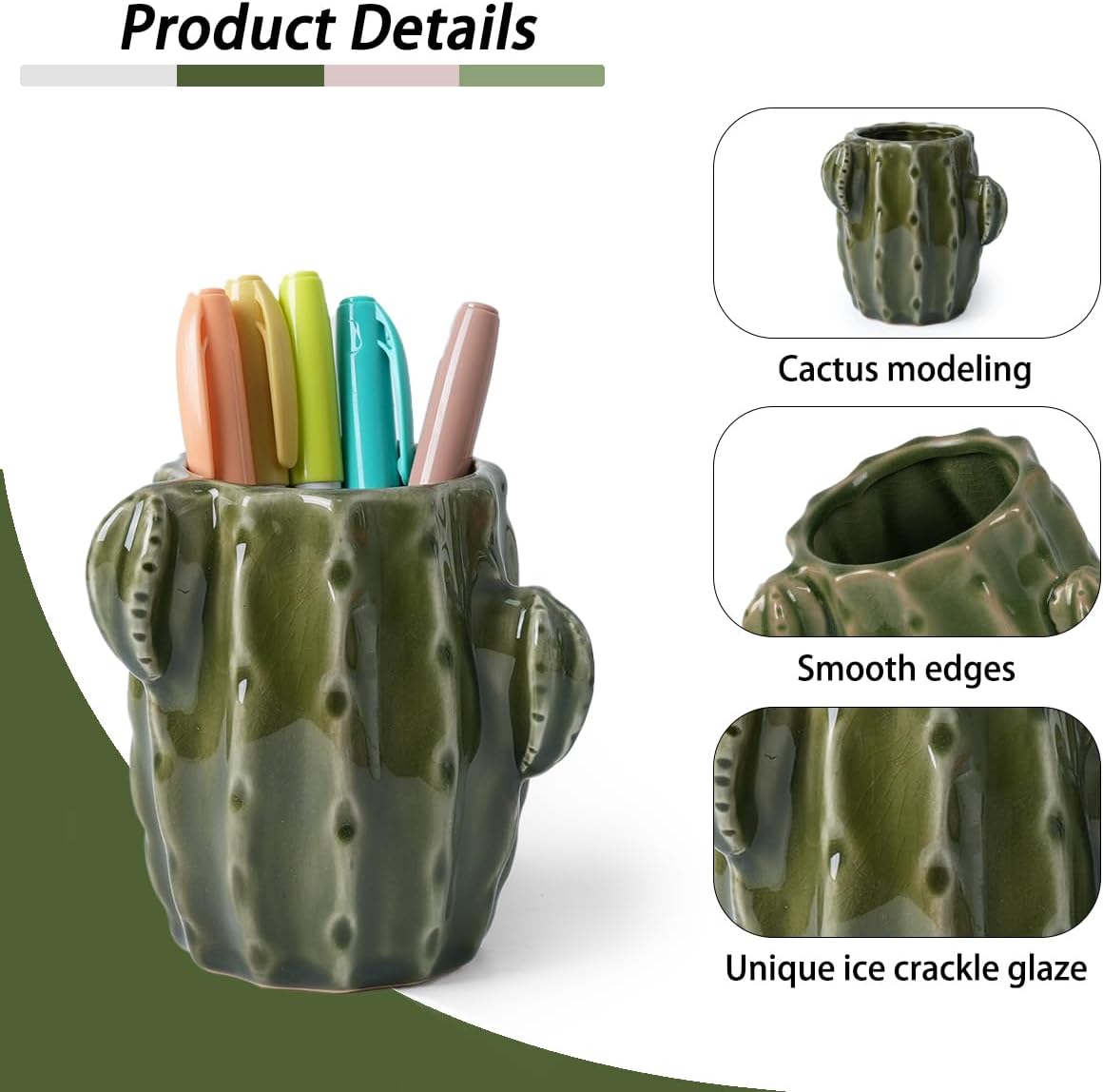 Ceramic Cactus Pen Holder, Cactus Decor Cute Pencil Holder, Makeup Brush Holder for Home, Office Desk Accessories(Dark Green)