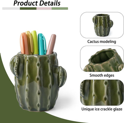 Ceramic Cactus Pen Holder, Cactus Decor Cute Pencil Holder, Makeup Brush Holder for Home, Office Desk Accessories(Dark Green)